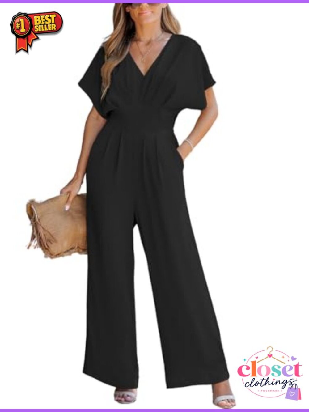 CUPSHE V Neck Batwing Sleeve Wide Leg One Piece Jumpsuit Women's X-Large
